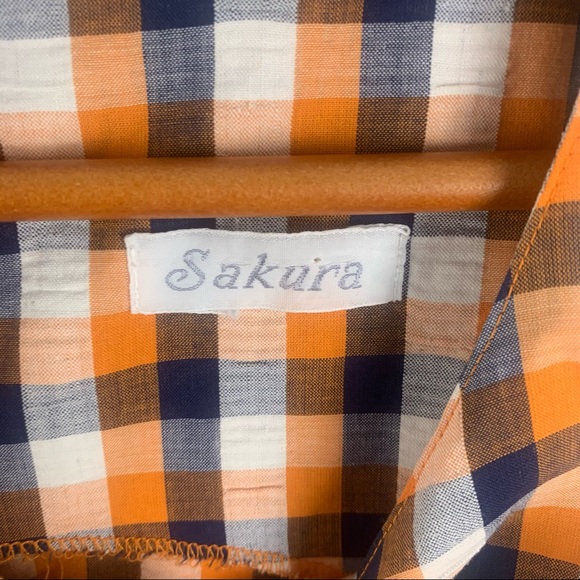 Sakura Sleeveless Orange And Blue Gingham Tie Waist Dress, Size M - Picture 2 of 4